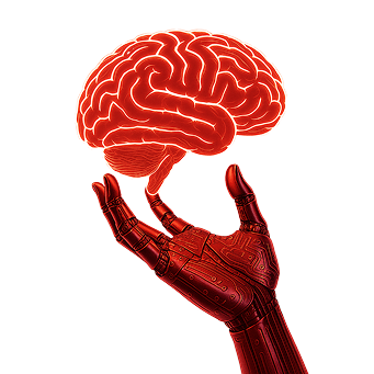 Robotic hand holding a glowing brain